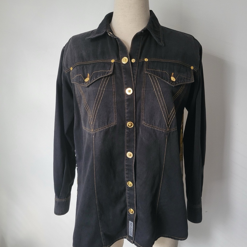 Versace Black Denim Button-Up Shirt with Gold Accents and Silk back panel